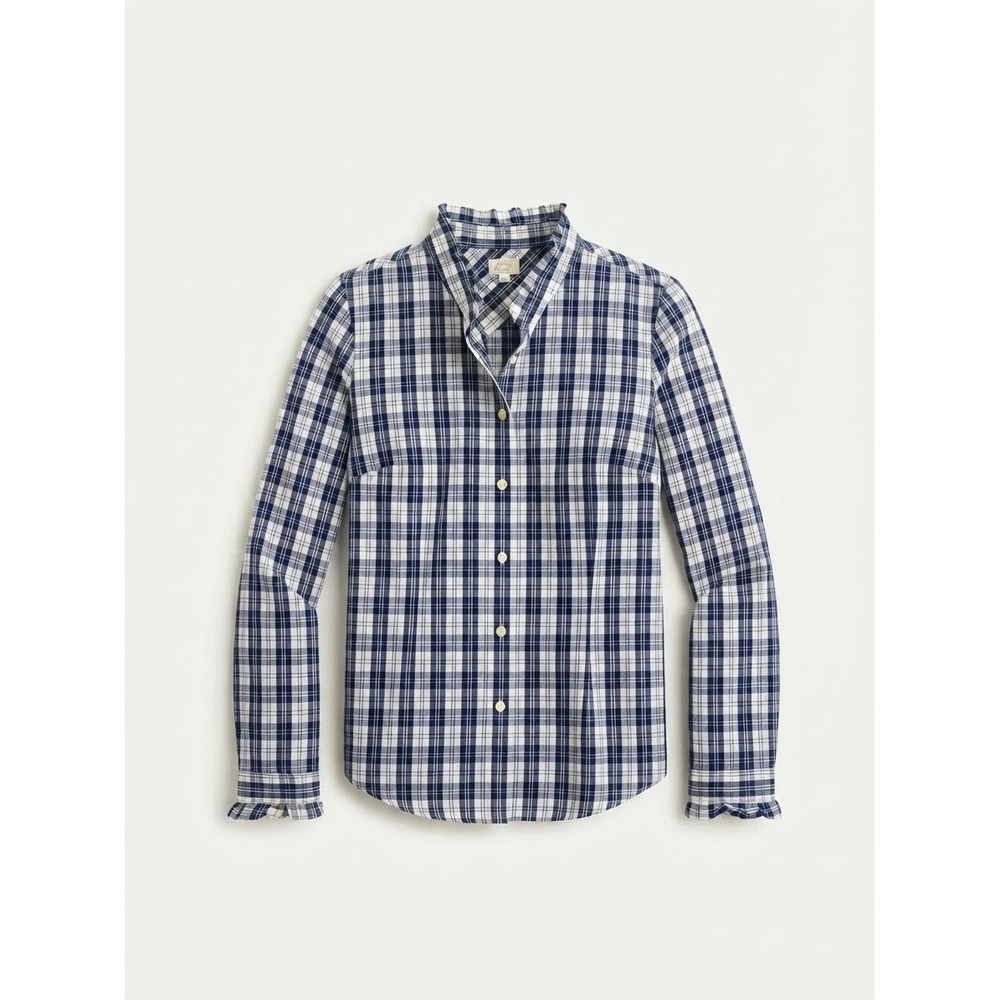 J.Crew Women Button Down Shirt Small Navy White Plaid Ruffle Collar Cuffs CD286